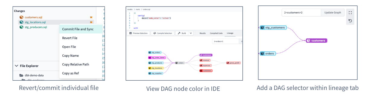 Screenshot: Revert/commit individual files; View DAG node color in IDE; new DAG selector in lineage tab.