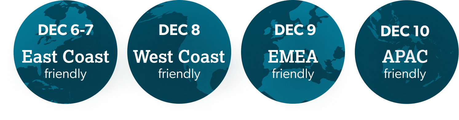 Dec 6-7 East Coast Friendly, Dec 8 West Coast Friendly, Dec 9 EMEA Friendly, Dec 10 APAC Friendly.